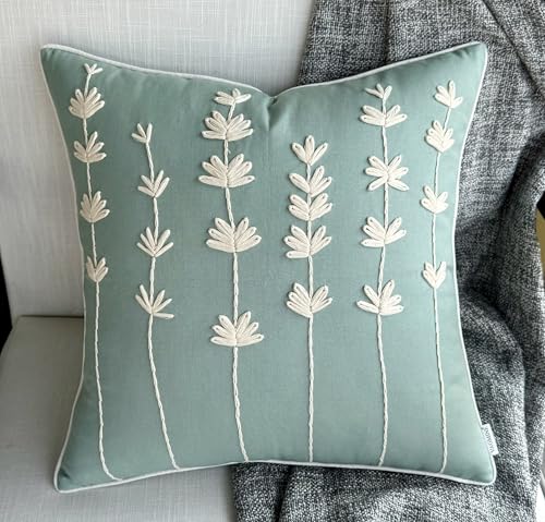 VAGMINE Embroidered Wildflower Floral 18x18 Throw Pillow Cover - Light Teal Cotton Square Cushion for Sofa Couch Bed - Cottagecore Farmhouse Spring Decor - Daisy - color: Light Teal-daisy, size: 18" x 18" (Pack of 1)