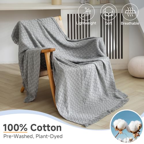 Simple&Opulence 100% Cotton Throw Blanket for Couch, Bed, Waffle Weave Knit Blanket with Tassels, Soft Lightweight Pre-Washed Breathable Comfy Blanket Farmhouse Decor for All-Season(Grey) - color: B-grey