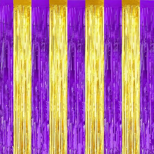TONIFUL 2Pcs Purple and Gold Fringe Backdrop Curtain 2026 Graduation Parties Metallic Tinsel Foil Fringe Photo Booth Backdrop Door Streamers for Birthday Bachelorette New Year Party Decorations - color: Purple Gold