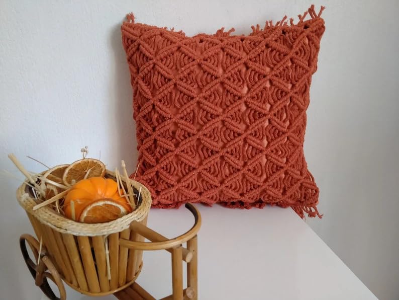 Rust Terracotta Macrame Throw Pillow Cover, Boho Textured Knitted Fringe Decorative Cushion Case, Diamond Lattice Woven Square Pillowcase for Sofa Couch Bedroom Farmhouse Home Decor, 18x18 Inch (Pillo