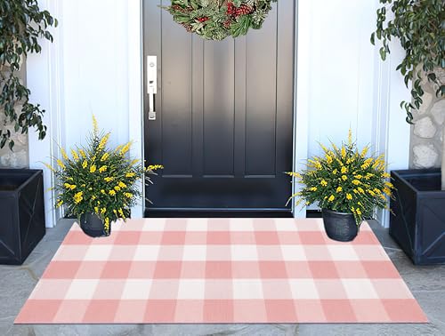 Pink and White Buffalo Outdoor Rug 24''x51''Checkered Plaid Front Porch Rug Cotton Woven Machine Washable Door Mat Outdoor for Layered Doormat Hello Welcome Door Mat Kitchen Farmhouse Entryway - color: Pink White, size: 24''x 51''