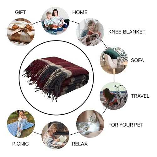 Cozy Wool Blanket, 100% New Zealand Wool, Tartan Design, Red & Blue, 67 x 79 in, Queen Size - color: Red and Blue