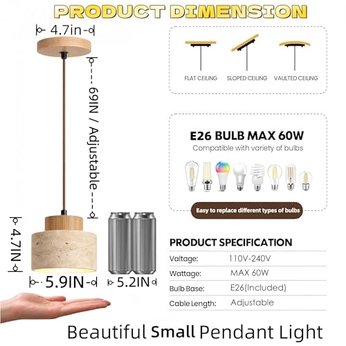 Wabi Sabi Natural Stone and Wood Pendant Light,5.9Inch Small Hanging Pendant Lamp,Modern Vintage Rustic Minimalist Fixture for Bedroom, Dining Room, Kitchen Island, Cafe (Wood Color 5.9IN, Count, 1) - style: Wood Color 5.9IN