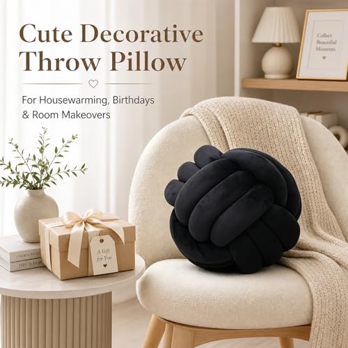 Petrella Knot Pillow, 8 Inch Black Round Velvet Throw Pillow Ball Cushion, Machine Washable Soft Decorative Accent Pillow for Couch, Sofa, Bed, Home Decor - color: A1-black, size: 8inch