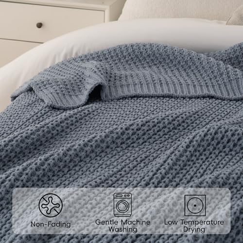 Bunnikins & Clover Blue Grey Throw Blanket for Couch, Thick Warm Soft Cozy Knitted Chenille Throw Blanket for Sofa, Bed, Living Room, 50"x60" - color: Bluish Grey, size: 50"x60"