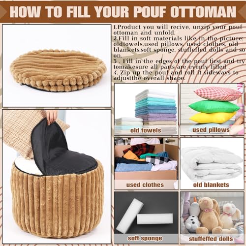 Teenyyou 2 Pcs 20 x 15 Inch Unstuffed Pouf Cover Ottoman Foot Rest - No Filler, Faux Rabbit Fur Foot Stool Floor Bean Bag Floor Chair Storage for Living Room Bedroom Home Decor(Brown) - color: Brown, size: 20 x 15 In