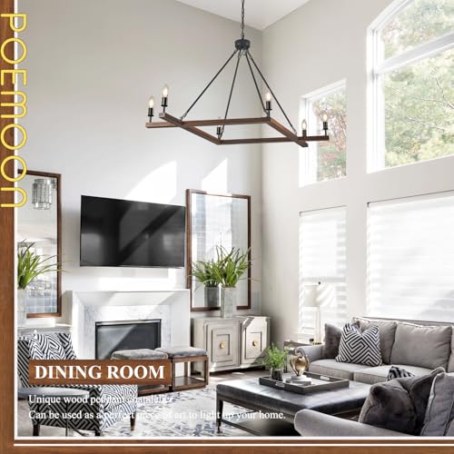 L45'' Rustic Farmhouse Square Wood Chandeliers 6-Light Unique Rectangular Candle Chandelier Long Ceiling Pendant Light for Living Dining Room Foyer Kitchen Bedroom High Ceiling,E12 - color: Walnut, size: 45 inches