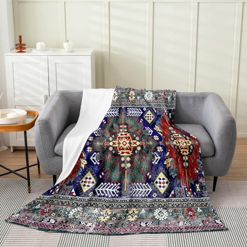 Erosebridal Boho Tribal Blanket Queen Inch, Retro Exotic Throw Blanket, Vintage Lattice Arrows Bohemian Fleece Blanket, Blue Green Red Antique Grid Damask Inspired Medallion Egyptian Bed Blanket - color: Multi 02, size: Queen