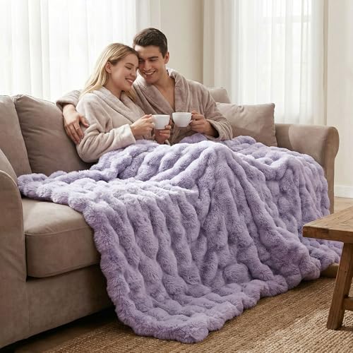 JONIYEAR Soft Fuzzy Bubble Faux Rabbit Fur Throw Blanket 50" x 60", Reversible Aesthetic Warm Thick Fluffy Blanket for Winter,Luxury Cozy Puffy Shaggy Plush Furry Blankets for Couch Sofa, Lilac Purple - color: Lilac Purple - 900gsm, size: Travel/Throw Siz