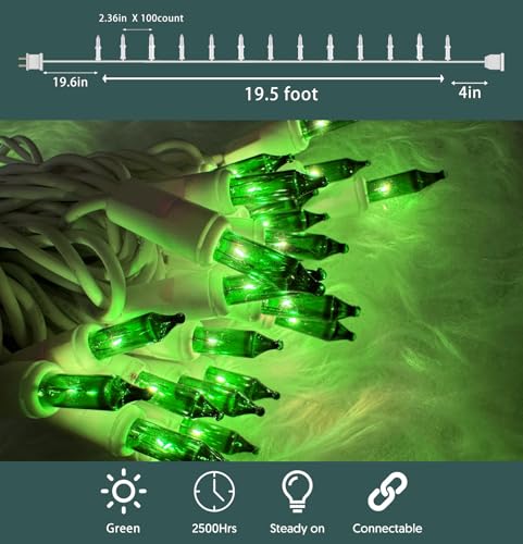 HISHINY Green Christmas Lights 100 Count St. Patrick's Day Decorations String Lights with White Wire for Outdoor Indoor Christmas,Wedding Decorations Halloween Decor,UL Certified (21feet) - color: Green