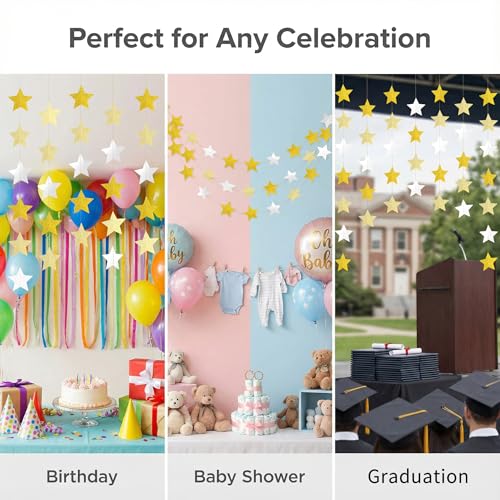 Glitter Gold, Light Gold & White Iridescent Star Garland 90FT, 240pcs Hanging Glitter Star Banner Backdrop for Birthday, Baby Shower, Wedding & Christmas Party Decorations (6 Packs) - color: Glitter Gold & Glitter Light Gold & White
