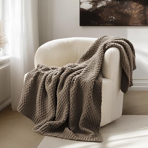EVERGRACEHOME Chunky Chenille Knit Throw Blanket for Couch, Soft Luxurious Moss Stitch Blankets for Bed, Cozy Decorative Farmhouse Knitted Throws for Sofa, Mocha Brown, 50" x 60" - color: Mocha Brown, size: 50" X 60"