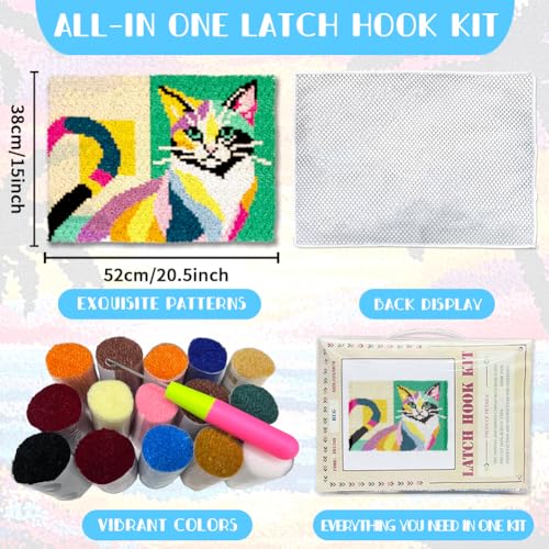 ORIGACH Colorful Abstract Cat Latch Hook Rug Kit for Adults Printed Rug Making Kit Handmade Carpet Tapestry Cover with Hook Latch and Preprinted Canvas, Home Arts Crafts Sofa Decor, 20.5x15inch - style: Colorful Cat