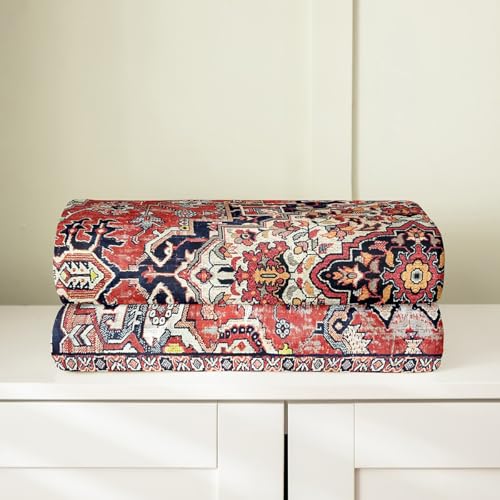 Erosebridal Geometric Boho Blanket Queen Inch Bohemian Exotic Throw Blanket Red Blue Lattice Tribal Fleece Blanket Retro Indian Floral Vintage Flower Sherpa Blanket for Women Adults Men - color: Multi 06, size: Queen
