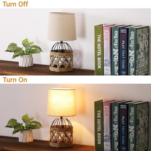 Boho Table Lamp for Bedroom, Small Bedside Lamp with Rattan Metal Cage Base and Linen Shade, Nightstand Lamp for Living Room, Farmhouse Coastal Rustic Bedroom Decor, E26 Socket, Bulb Not Included - size: 1 Pack