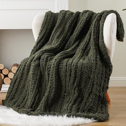 Battilo Chunky Knit Throw Blanket for Couch, Hand Made Chenille Throw Blanket, Super Soft Warm Cozy Olive Green Blanket for Bed, Sofa, Living Room, 50"x60" - color: Olive Green