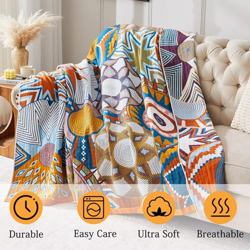 Boho Blanket Soft Muslin BohoThrow Blanket, 100% Cotton Floral Printed Farmhouse Decor All Season Reversible Rustic Throw for Sofa Couch Chair (Orange, 80"x90") - color: Orange, size: 80"x90"