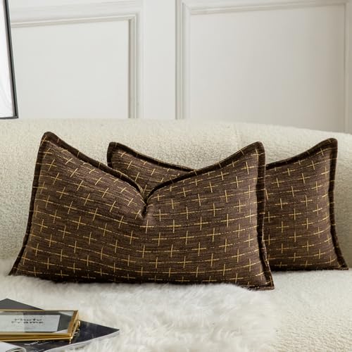 MANDIOO Pack of 2 Burlap Linen Throw Pillow Covers Woven Textured Modern Farmhouse Cushion Covers Pillowcase Decorative Couch Sofa Bed Living Room 16 x 24 Inch Deep Brown - color: Deep Brown, size: 24" x 16" (Pack of 2)