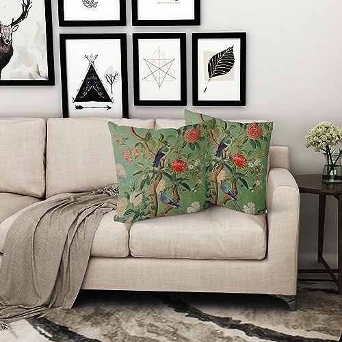 Green Chinoiserie Pillow Cover 16x16 Inch Vintage Bird Flower Throw Pillow Covers Farmhouse Floral Decorative Pillowcase Outdoor Cotton Square Cushion Cover for Couch Sofa Bedroom Decor (Pack of 2) - color: Field Green, size: 16" x 16" (Pack of 2)