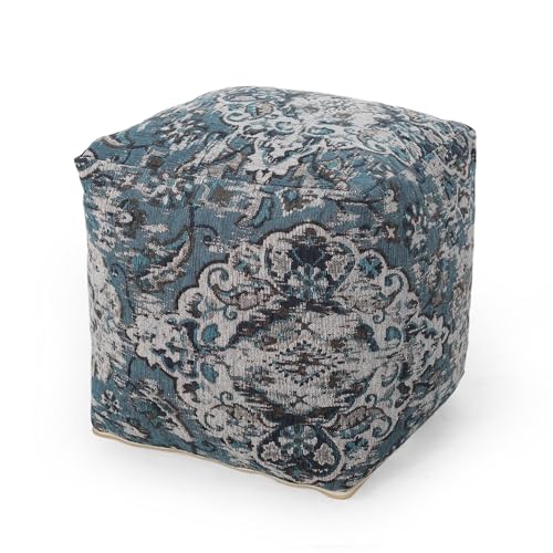 GDFStudio Boho Handmade Fabric Cube Pouf Ottoman Foot Stool - Bean Bag Floor Chair - Foot Rest Couch for Living Room Bedroom,Blue,16"" x 16"" x 16"", Conch,blue, 313832N - color: B Blue, size: 16"