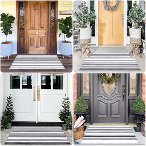 Black and White Striped Rugs, 28”x 43” Outdoor Indoor Front Porch Door Mats Cotton Hand-Woven Layered Area Rug Doormat for Entryway Patio Entryway Laundry Bedroom Living Room