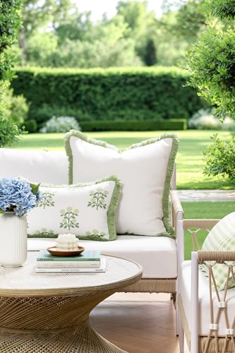 Hofdeco Premium Grandmillennial Coastal Hampton Patio Indoor Outdoor Throw Pillow Cover Only, 22"x22" Water Repellent for Backyard, Couch, Poolside, White Grass Green Solid - color: White Grass Green Solid 22"x22"