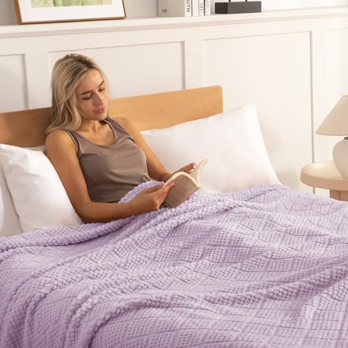 Whale Flotilla Fuzzy Fleece Queen Size Blanket for Bed, Soft Fluffy Jacquard Waffle Blankets for All Season, Lightweight and Cozy, 90x90 Inch, Lilac - color: Lilac, size: Queen(90x90 Inch)