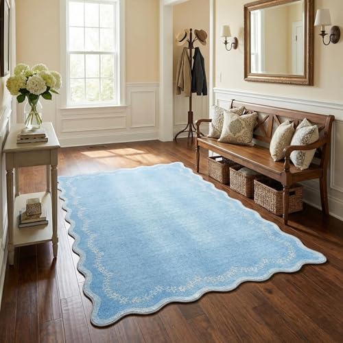 GarveeHome 3x5 Scalloped Washable Area Rug for Bedroom,Soft Solid Blue Entryway Rug Non Slip Low Pile Carpet Stain Resistant Throw Rug for Bedside Kids Room Office Dining Room - color: Baby Blue, size: 3' x 5' (Rectangular)