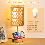 Rattan Table Lamps for Living Room, 3 Way Dimmable Touch Lamps, Small Bedside Lamps with LED Bulbs, Phone Stand, USB Ports and AC Outlet, Boho Nightstand Lamp for Bedroom Office (2 Pack Faux Wood) - size: 2 Pack Faux Wood
