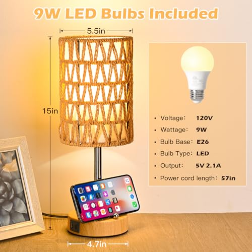 Rattan Table Lamps for Living Room, 3 Way Dimmable Touch Lamps, Small Bedside Lamps with LED Bulbs, Phone Stand, USB Ports and AC Outlet, Boho Nightstand Lamp for Bedroom Office (1 Pack Faux Wood) - size: 1 Pack Faux Wood