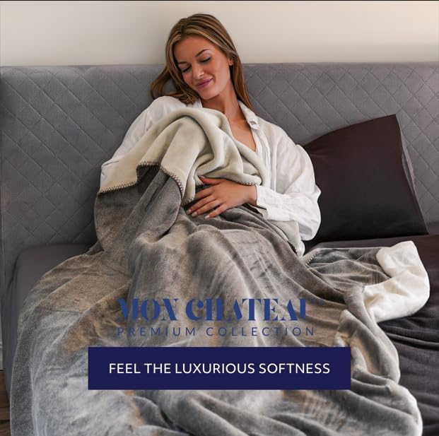 Mon Chateau 60" x 70" Fireside Mélange Throw Blanket, Contrast Stitching Soft Blanket for Queen-Size Bed, Couch, or Sofa, Cozy Home Decor and Stylish Living Room Comfort, Sagewood