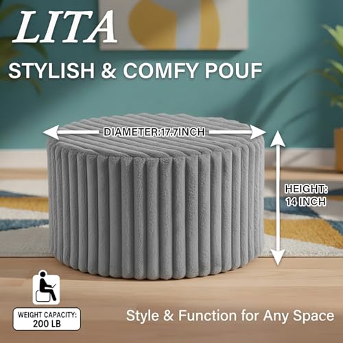 LITA Round Stuffed Pouf Ottoman, Corduroy Poufs with High-Density Foam Filling and Washable Cover, Furry and Fluffy Bean Bag Foot Stools Ottoman for Living Room, Bedroom, Office, Grey, Round - color: Round Corduroy Grey