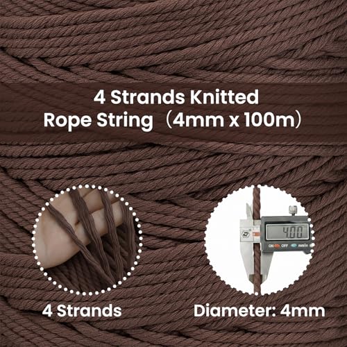 109 Yards Macrame Cord 4 Strand Twisted Recycled Cotton 4mm Brown String for Crafts Wall Hangings Plant Hangers DIY Knitting Macrame Supplies - color: Brown, size: 4mmx109Yards