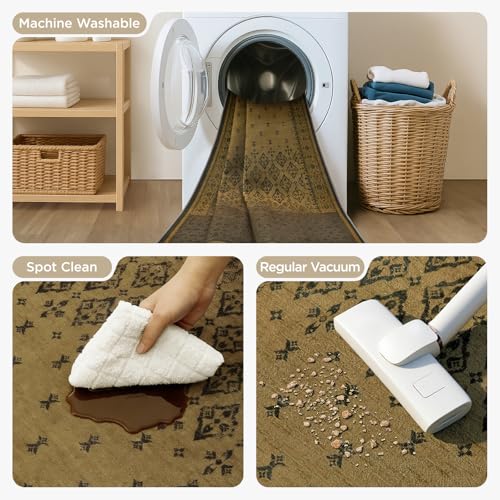 Joydeco Vintage Washable Rug for Bedroom, Boho Area Rugs 5x7 for Living Room Non Slip, Ultra-Thin Low Pile Soft Indoor Floor Throw Carpet for Dining Entryway Bathroom Farmhouse, Brown - color: Brown, size: 4'11" x 6'11" (Rectangular)
