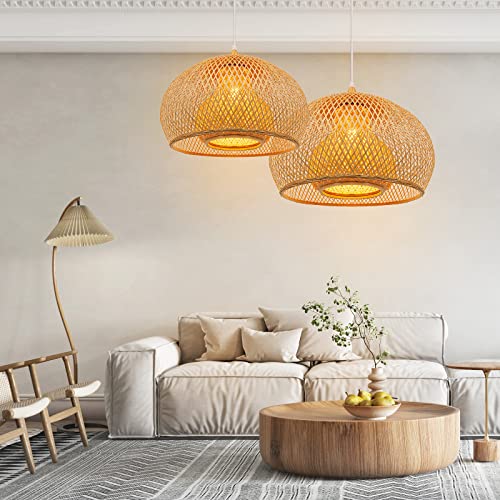 Arturesthome 1 Light Weaving Bamboo Pendant Light for Kitchen Island,17.6" Wicker Chandelier,Handmade Woven Hanging Ceiling Light for Living Room Bedroom - size: A 17.6"*11.7"