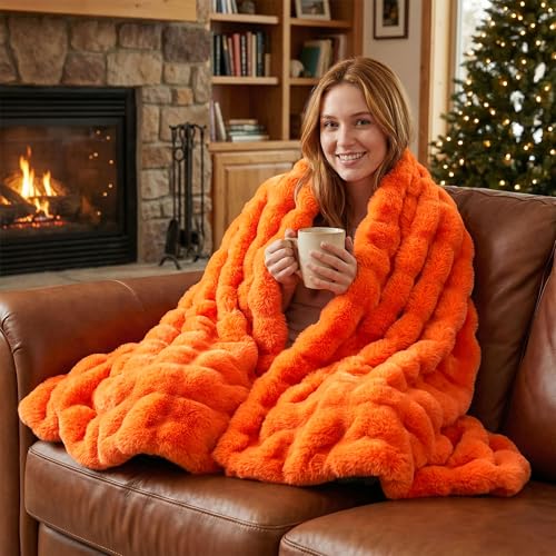 JONIYEAR Large Solid Fall Bubble Faux Rabbit Fur Bed Blanket Queen Size 80" x 90", Decorative Puffy Big Warm Fuzzy Blanket for Winter,Extra Thick Shaggy Cozy Comfy Fluffy Blankets for Adult Kid,Orange - color: Orange - 900gsm, size: Queen Size - 80" x 90"