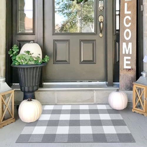 IOHOUZE Buffalo Plaid Checkered Rug 2x3 Ft Front Door Mats, Washable Area Rugs for Front Porch Decor, Spring Summer Welcome Mats Outdoor, Grey White Rug for Farmhouse/Entryway/Home Entrance - color: Grey and White, size: 2' x 3' (Rectangular)