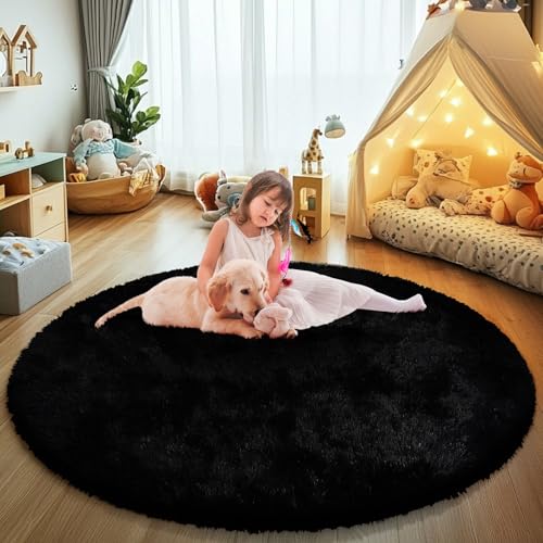 yulidayang Black Fluffy Round Area Rugs for Bedroom,3'X3'Shag Circle Area Rugs for Living Room,Non Slip Fuzzy Plush Rug for Room Boys Girls Room and Dorm Home Decor Rug - color: Black, size: 3' (Round)