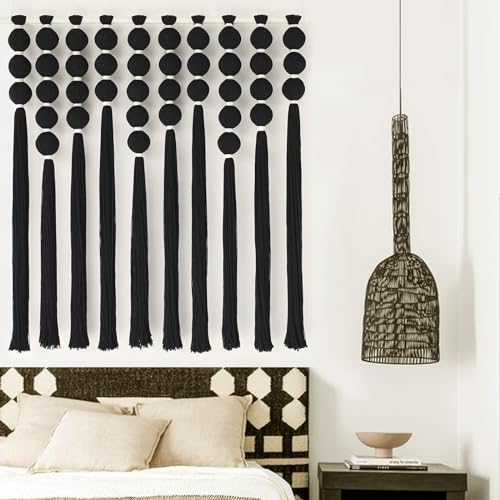 IOWER Large Macrame Wall Hanging Black Macrame Wall Decor Sphericity Cotton Textile Wall Hanging Boho Wall Decor Art Fiber Yarn Art Handmade 39" Wx39 L - color: Black