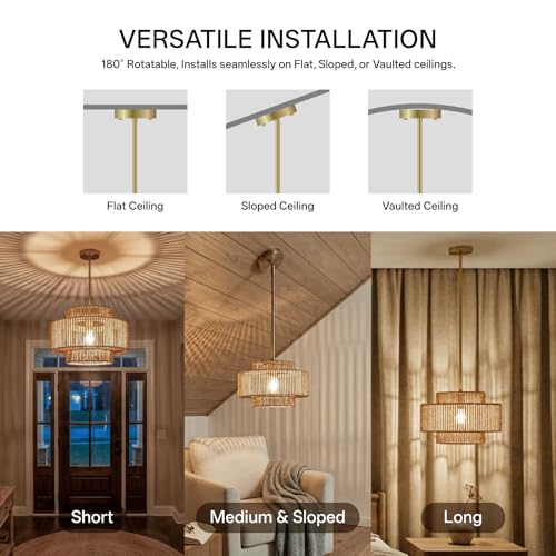 Boho Rattan Pendant Light, 12.6" Hand-Woven Wicker 1-Light Chandelier with Gold Metal Finish, Adjustable Hanging Ceiling Lamp for Kitchen Island, Dining Room, Bedroom, Coastal Farmhouse