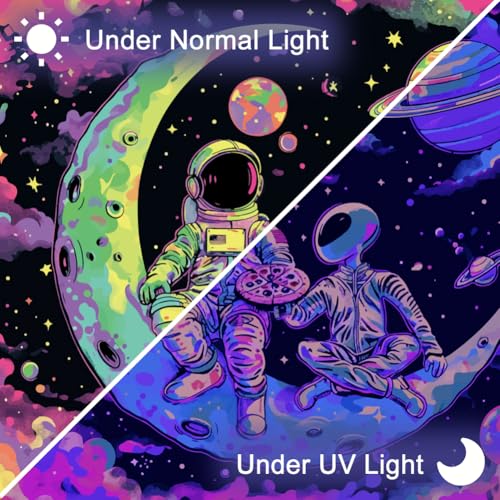 CRAFTYMELODY Astronaut Alien Blacklight Tapestry Glow in the Dark Tapestry UV Reactive Funny Universe Wall Hanging 59×51 Inch with Hook Self Adhesive Sticker Clip for Bedroom Home Wall Decoration - color: Astronaut