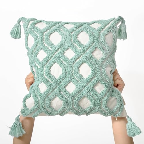Boho Pillow Covers 18X18 Inch Boho Tufted Throw Pillow Covers Decorative Tassels Cushion Cover Farmhouse Pillow Case for Couch Sofa Bed Living Room Bedroom, Aqua Green - color: Boho Aqua, size: 18" x 18" (Pack of 1)