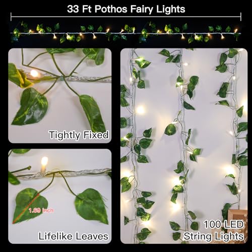 suddus Vine with Fairy Light Plug in, 33ft 100 LED Pothos String Lights Connectable with Remote, Leaf Lights for Bedroom, Room, Wall, Garden, Party, Wedding Dorm Decor (Warm White) - color: Pothos, size: 100 LED-Plug-Clear Wire