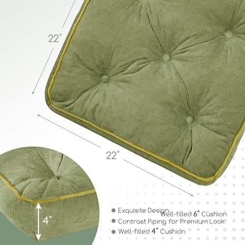 HIGOGOGO Large Floor Pillow Cushion for Adults, Meditation Cushion Pillow with Handle, Lustrous Chenille Tufted, Square Floor Sitting for Tatami Living Room or Yoga, 22x22 Inch, Green - color: Square Green, size: 4" Thick(Pack of 1)