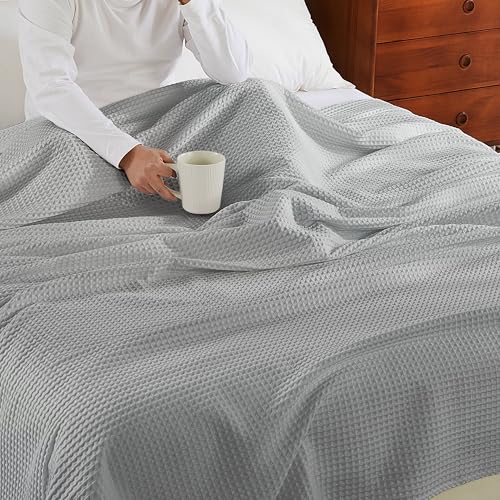 100% Egyptian Cotton Waffle Weave Throw Blanket for Bed Couch Sofa Home Decor, Soft Lightweight Bed & Couch Blanket for All Seasons (Light Grey - Throw Size - 50 * 60") - color: Light Grey, size: Throw - 50*60''