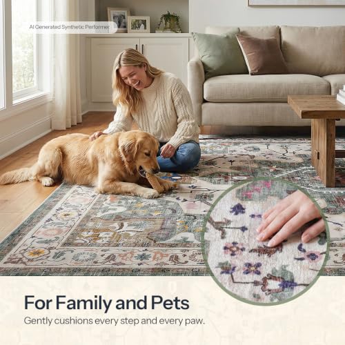 HOOBRO Washable Rug 8 x 10 Area Rugs for Living Room, Non-Slip Stain Resistant Rug, Low Pile Soft Rug Indoor Large Carpets Pet Friendly Mat, for Bedroom Kitchen Dining Room, Vintage Green GN05AR01 - color: Vintage Green, size: 8' x 10' (Rectangular)