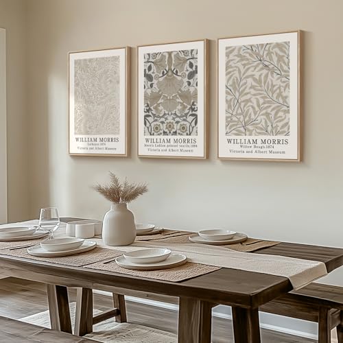 Framed Large William Morris Canvas Wall Art Set of 3, Vintage Neutral Botanical Floral Prints, Nature Artwork for Living Room, Bedroom, Hallway or Office Decor, 16x24 Inch - color: Vintage, size: 16"W x 24" H x 3Pcs