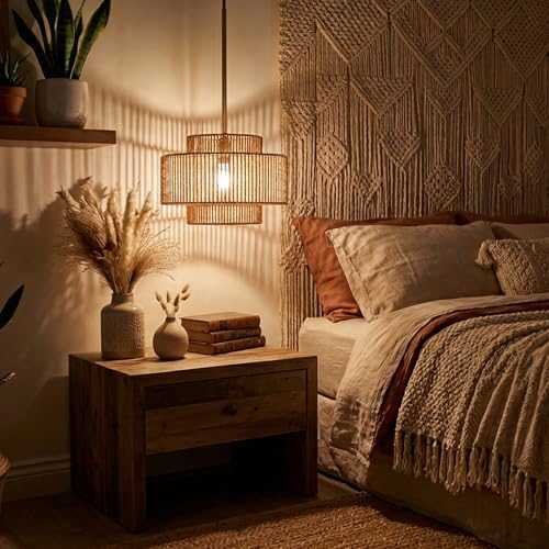Boho Rattan Pendant Light, 12.6" Hand-Woven Wicker 1-Light Chandelier with Gold Metal Finish, Adjustable Hanging Ceiling Lamp for Kitchen Island, Dining Room, Bedroom, Coastal Farmhouse