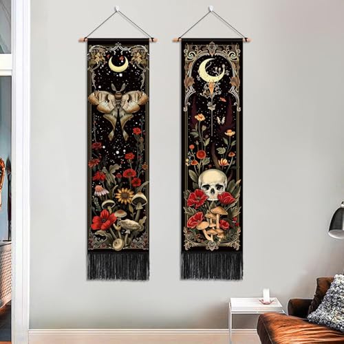 ARTCREATOR Pack of 2 Witchy Gothic Wall Bedroom Decor Moth Moon Tapestry Skull Mushroom Vertical Tapestries Retro Floral Flowers Tapestries for Bedroom Aesthetic Alt Room (12.8 x 51.2 inches) - color: colours