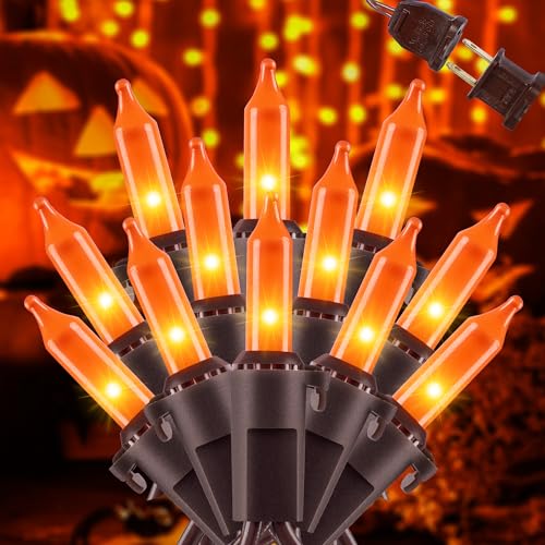 YOUNGAR Orange Halloween Lights, Clear Christmas Lights Outdoor,13FT 50 Approved Christmas String Light with Brown Wire,Incandescent Mini Light Plug in for Indoor Tree Patio Garden Xmas Decor - color: Orange, Brown Wire, size: 50 Count 1Pack